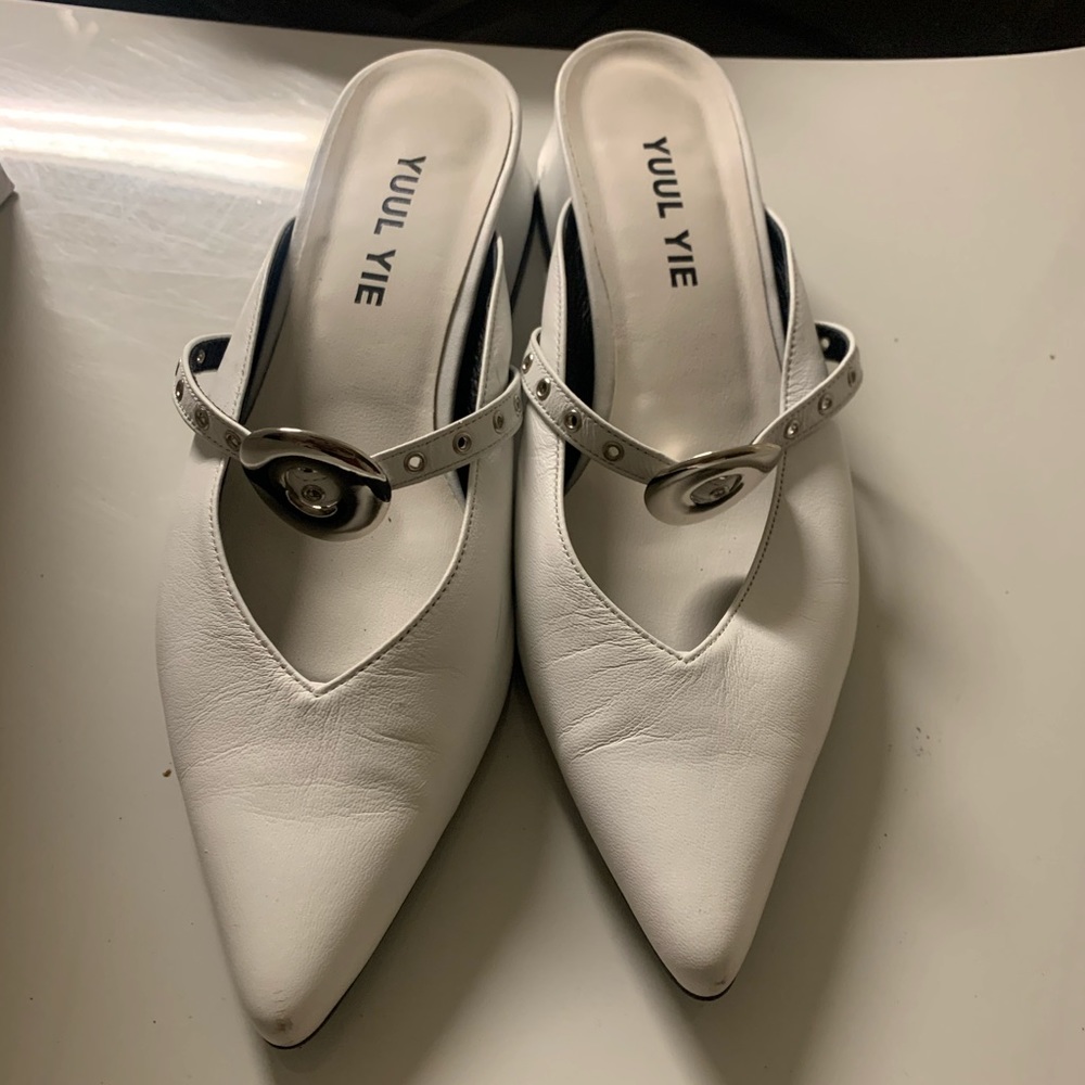 White low heeled mules